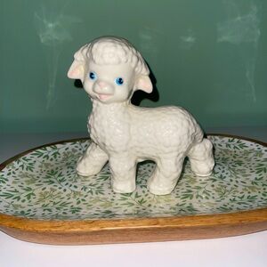 Vintage Ceramic Lamb Figurine with Blue Eyes
